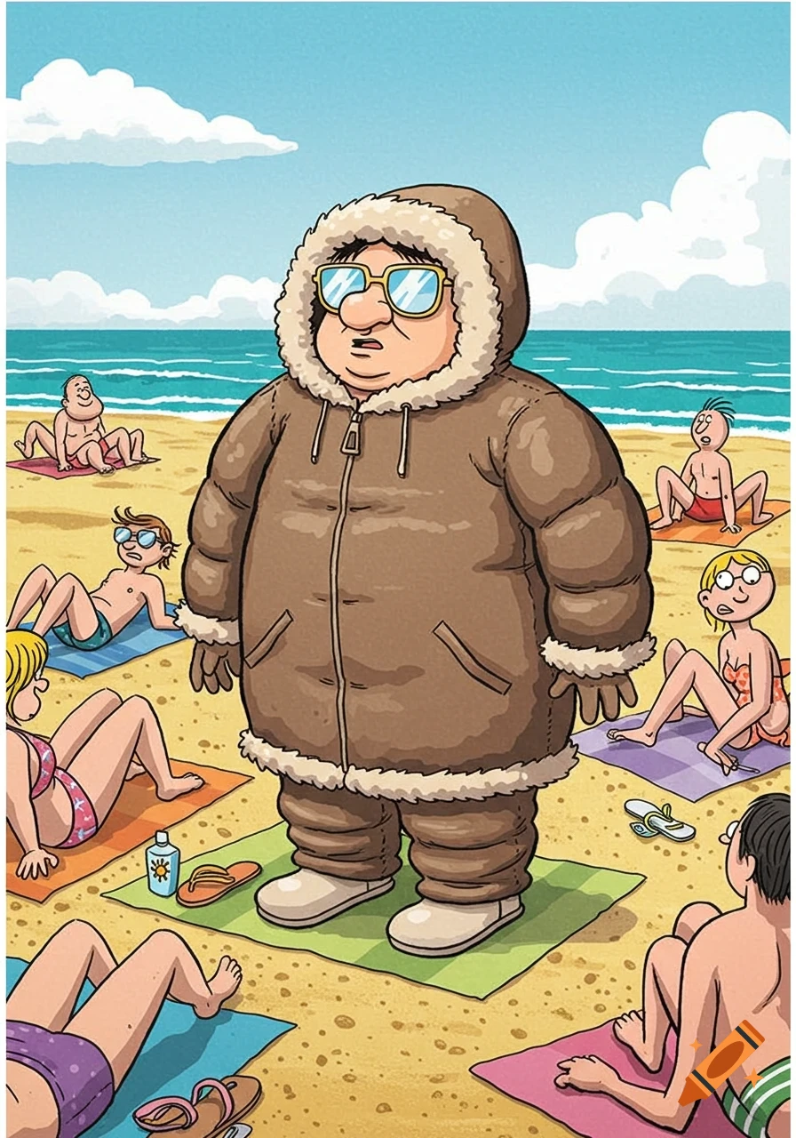 A cartoon drawing of a man in a large brown winter coat and sunglasses standing on a sandy beach surrounded by sunbathers in swimsuits.