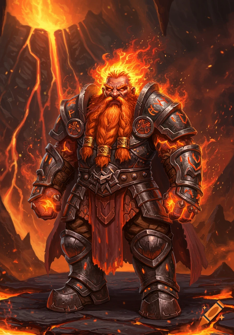 A powerful dwarf warrior with a flaming beard and hair in dark armor stands amidst lava in a volcanic landscape.
