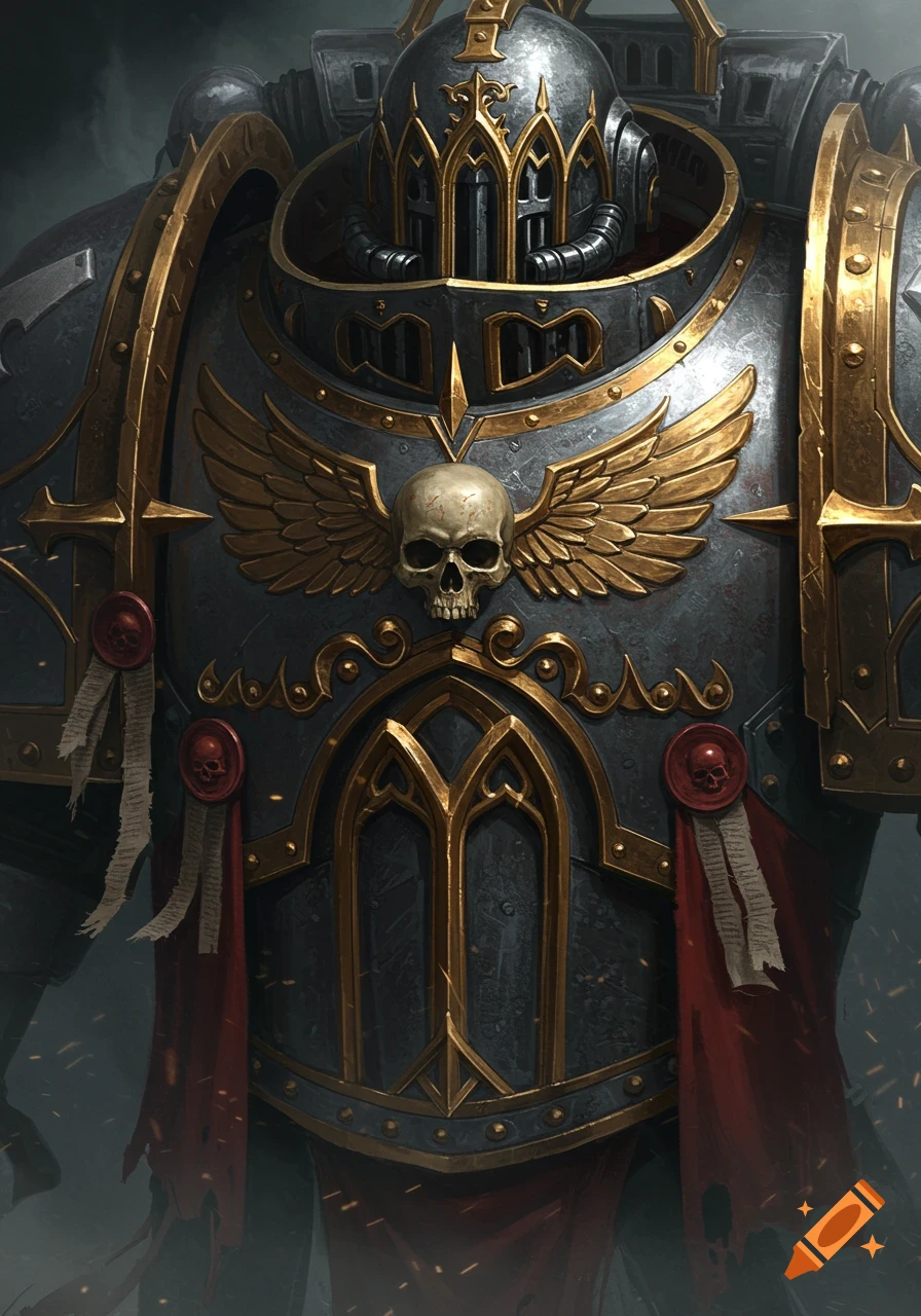 Close-up of a detailed dark gray and gold gothic power armor chest plate with a skull and winged emblem.