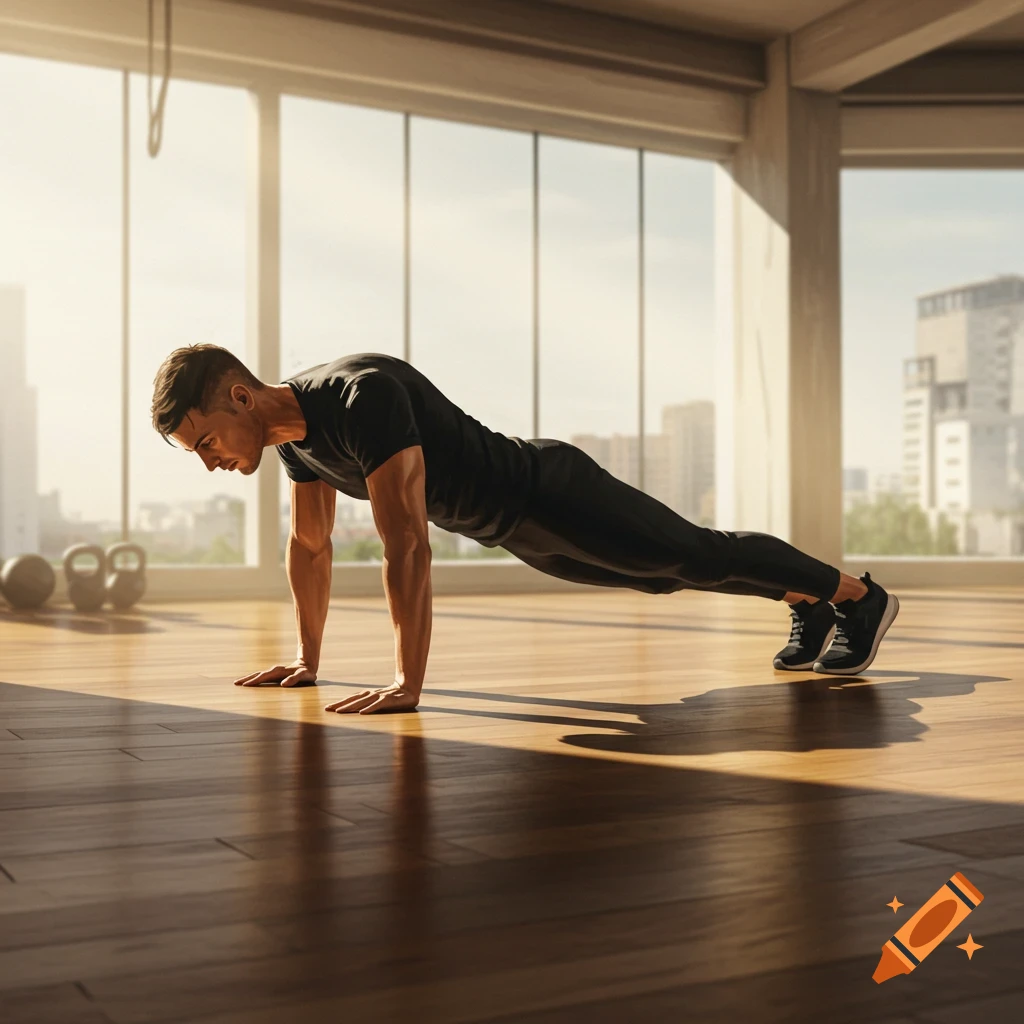 A man in black athletic wear performs a plank exercise on a wooden floor in a bright gym with city views.
