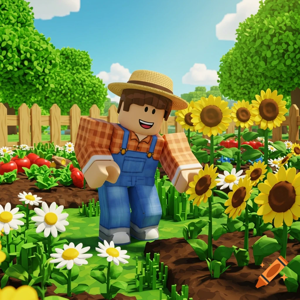 A blocky Roblox farmer character in overalls and a straw hat tending a vibrant garden with sunflowers and various plants under a blue sky.