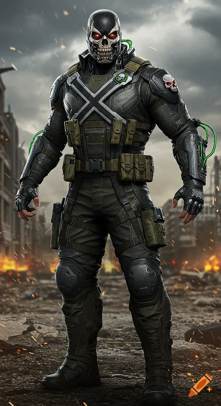 Fearsome 'Skullbreaker' in black and green tactical armor with a skull mask and glowing red eyes stands in a war-torn city, comic book style.