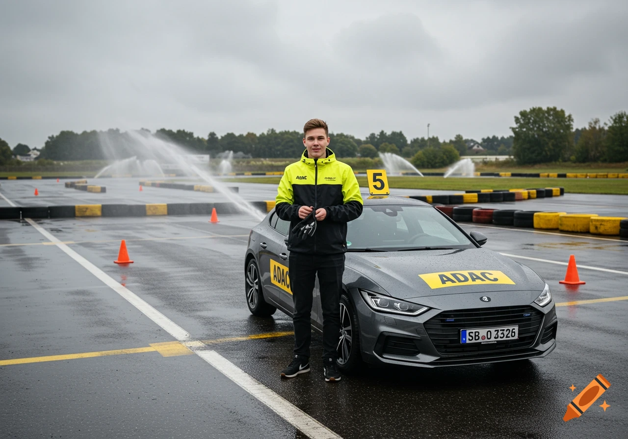 Young man in a neon jacket by a gray car with ADAC logo on a wet driving course with water jets, cones, and a cloudy sky.