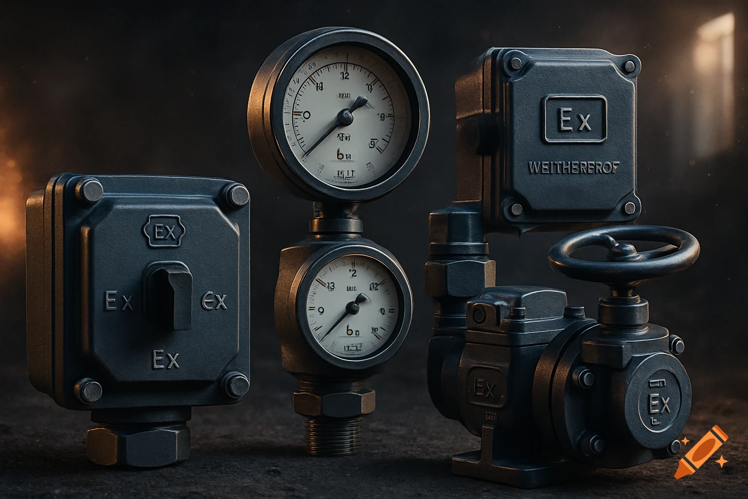 Close-up of three dark metal industrial components: a switch, a stacked pair of gauges, and a pump with a valve wheel. All have 'Ex' markings.