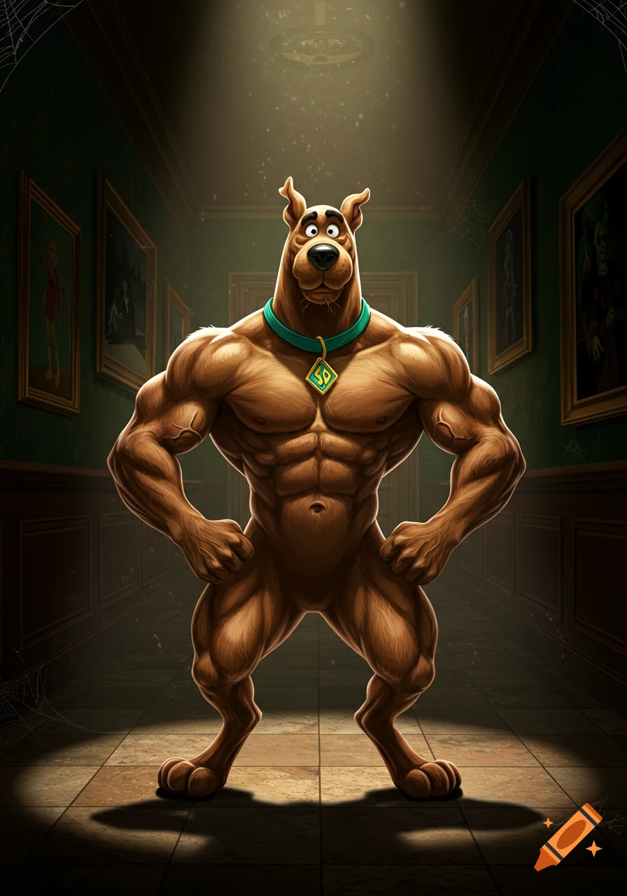 A very muscular Scooby-Doo stands proudly in a dimly lit, dusty hallway with framed pictures and cobwebs.