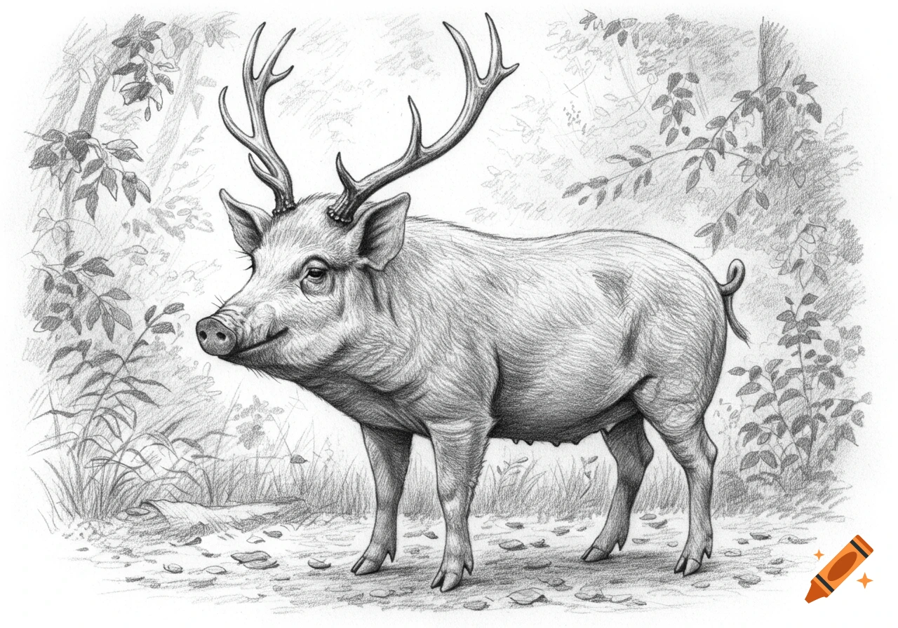Pencil drawing of a fantastical deer-pig hybrid standing in a lightly sketched forest.