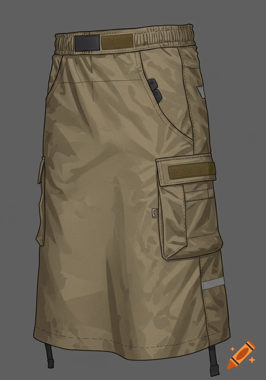 A khaki cargo-style prayer skirt with tactical details, an elastic waistband, and multiple pockets. Illustrated design.