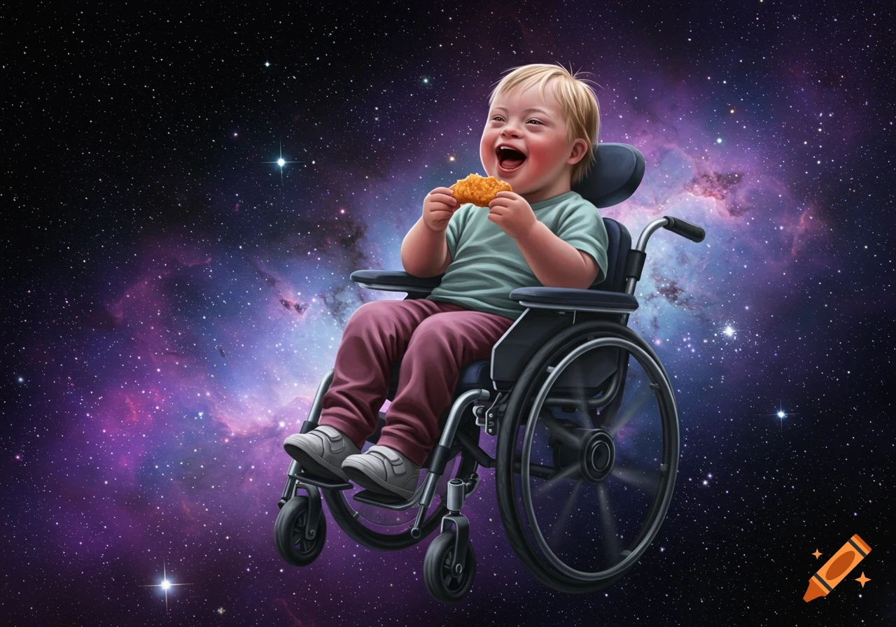 A happy child with Down syndrome in a wheelchair eats a chicken nugget while floating through a vibrant, starry galaxy.