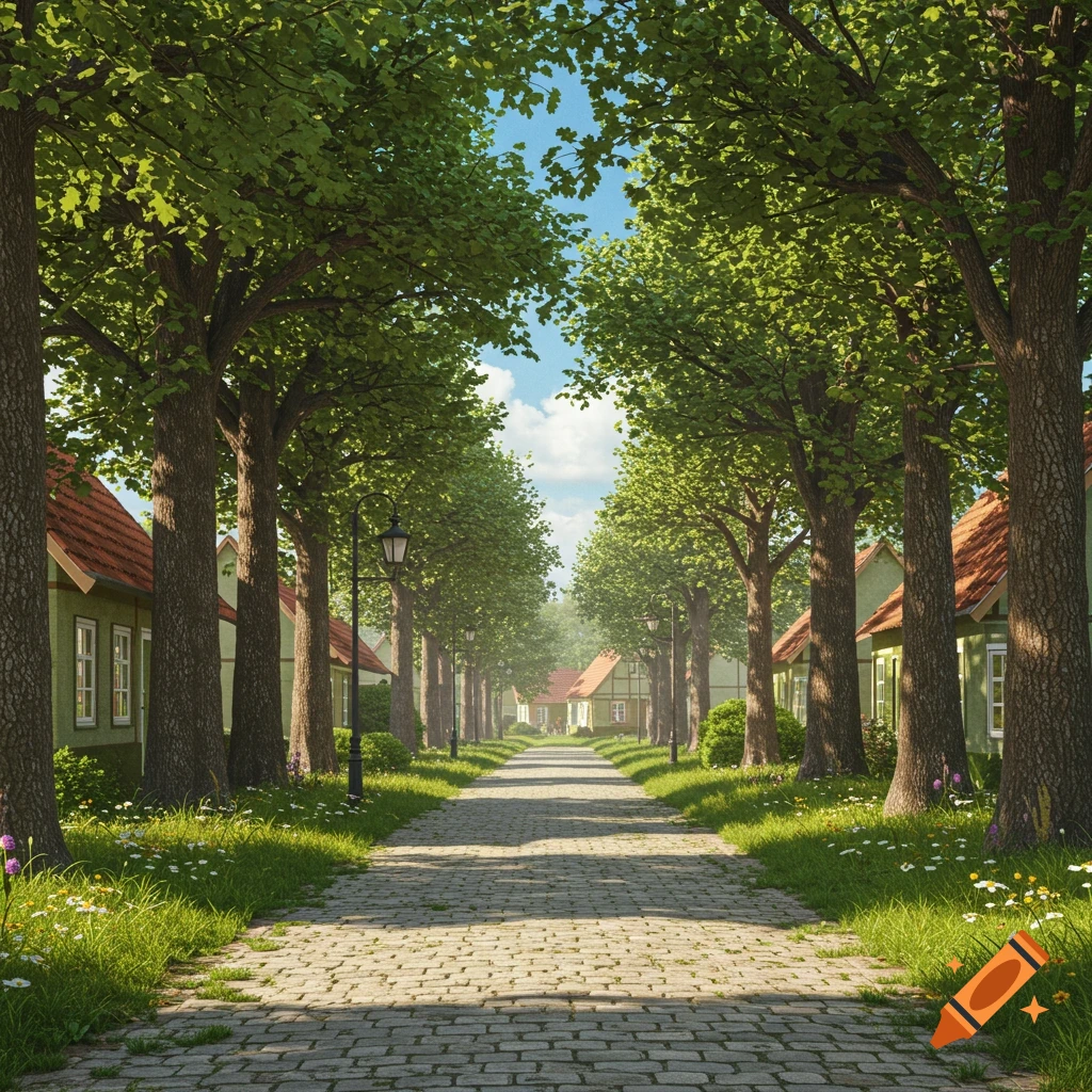 A serene cobblestone path framed by tall green trees and quaint village houses, bathed in sunlight under a blue sky.