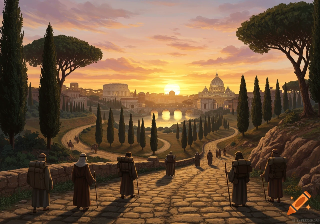 Travelers on a cobblestone road approach an ancient Roman city skyline, featuring the Colosseum and a large dome, at sunset.