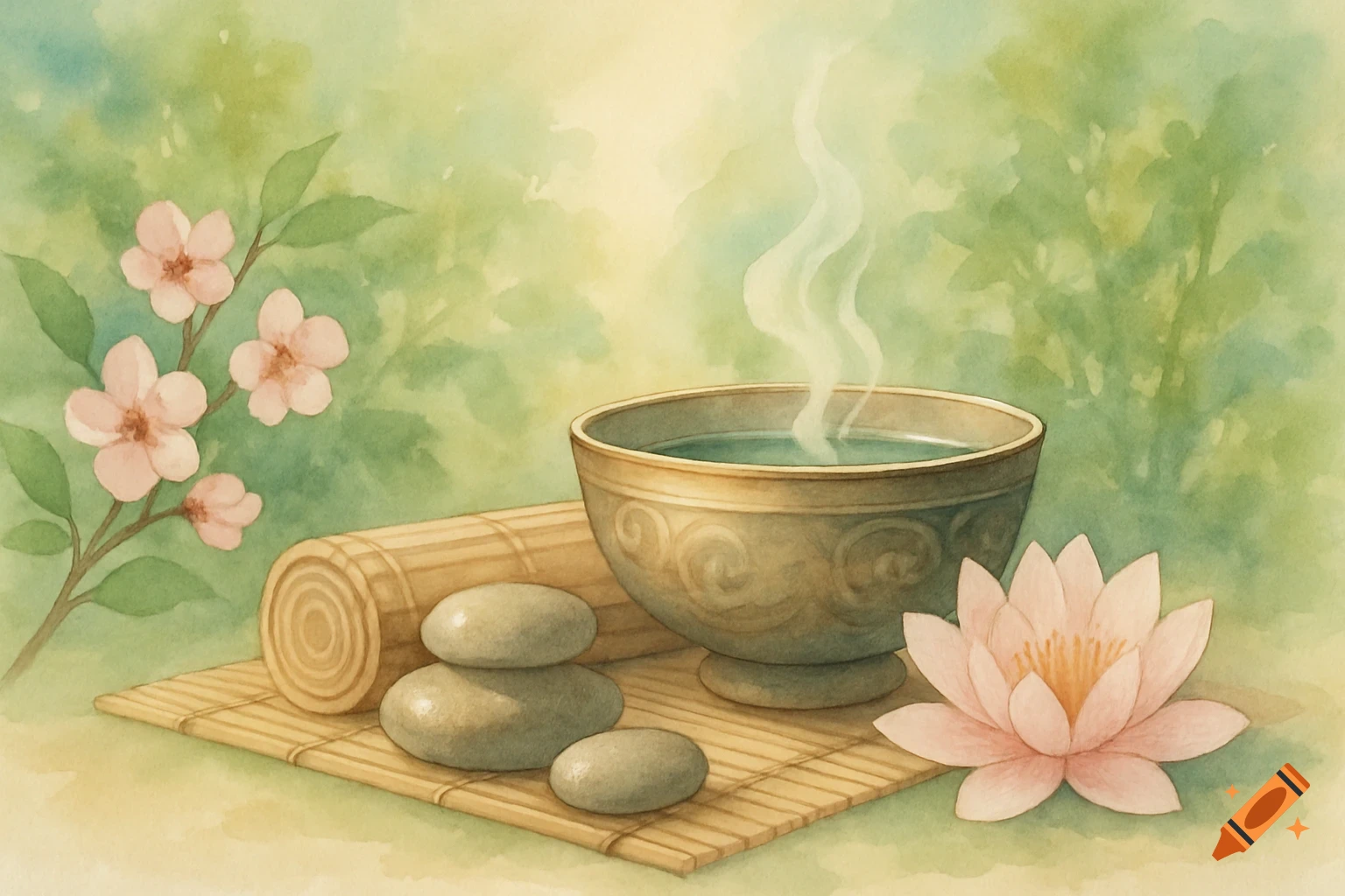 Watercolor illustration of a steaming bowl, stacked stones, a rolled mat, a pink lotus, and cherry blossoms on a serene green background.