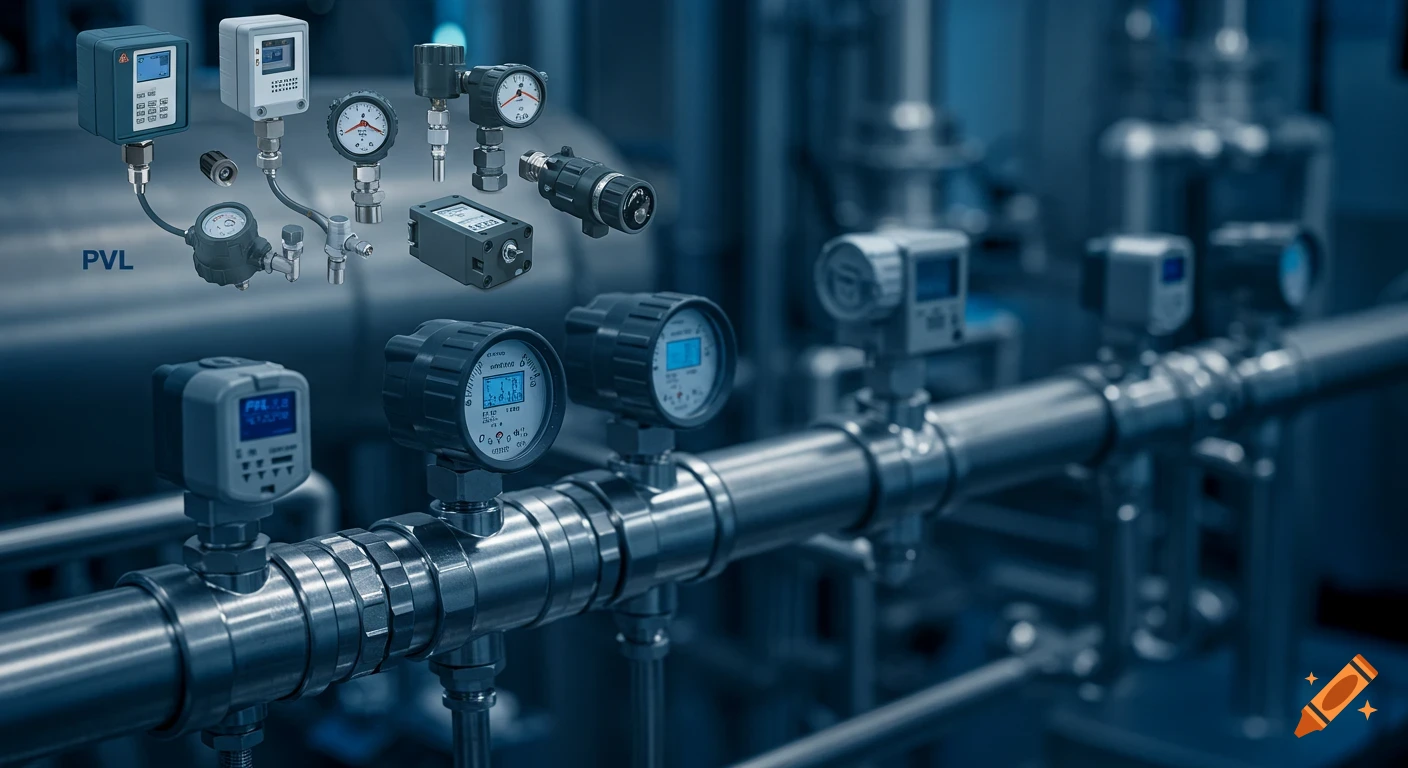 A montage of various industrial sensors and pressure gauges attached to a process line in a factory setting, with PVL text.