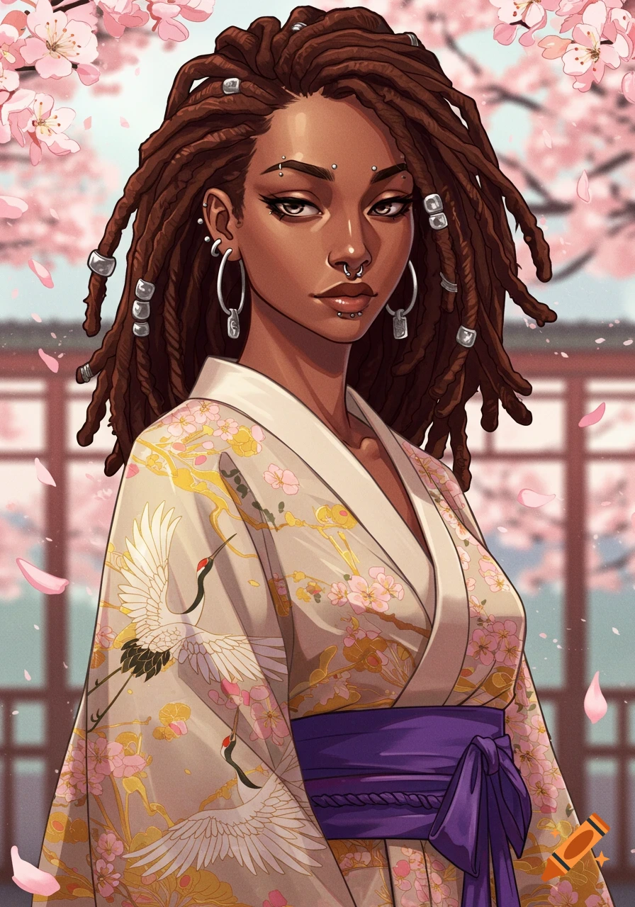 Anime-style portrait of a Black woman with dreadlocks and piercings, wearing a decorated kimono, framed by cherry blossoms.