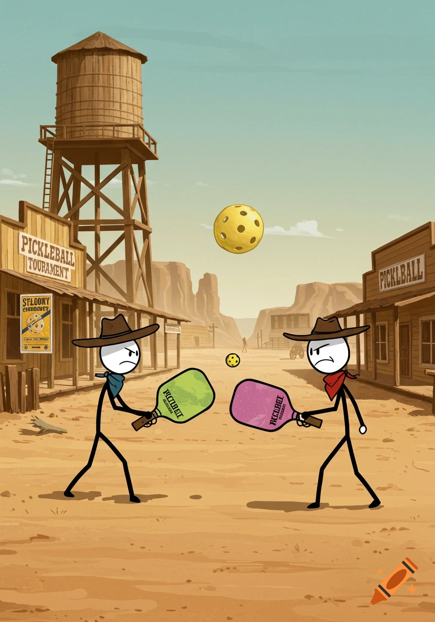 Two stick figures in cowboy hats and bandanas face each other with pickleball paddles in a dusty Wild West town, with a large pickleball floating in the sky. Signs read "Pickleball Tourament".