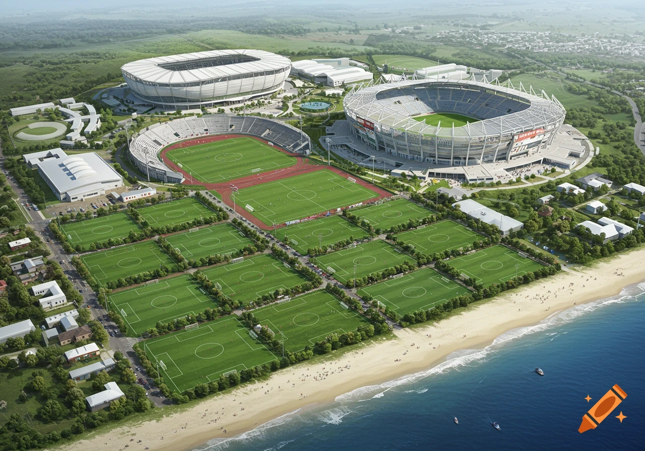 Aerial view of a massive coastal sports complex with three large stadiums, numerous training fields, and a sandy beach.