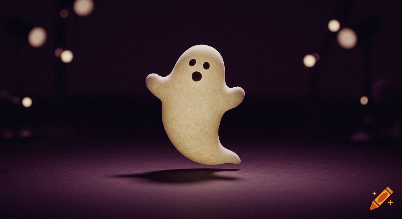 A surprised glow-in-the-dark ghost floats against a dark purple background with bokeh lights, in a 70s stop-motion style.