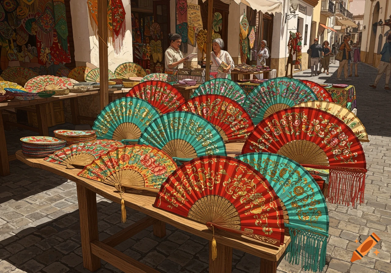 A vibrant market stall filled with intricately decorated red and teal folding fans. In the background, people browse a bustling street.