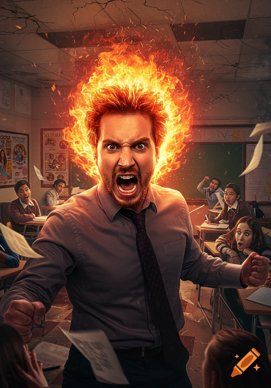 An angry teacher with hair on fire yells in a classroom, startling his students. Photorealistic style.