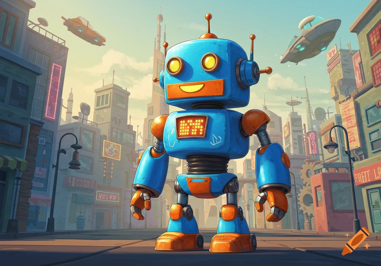 A cartoon-style blue and orange robot stands in the middle of a futuristic cityscape with flying cars under a bright sky.