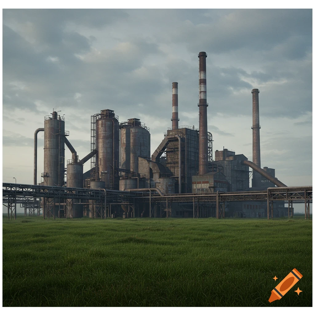 Photorealistic image of a massive, weathered factory with multiple smokestacks and pipes, set on a grassy plain under an overcast sky.