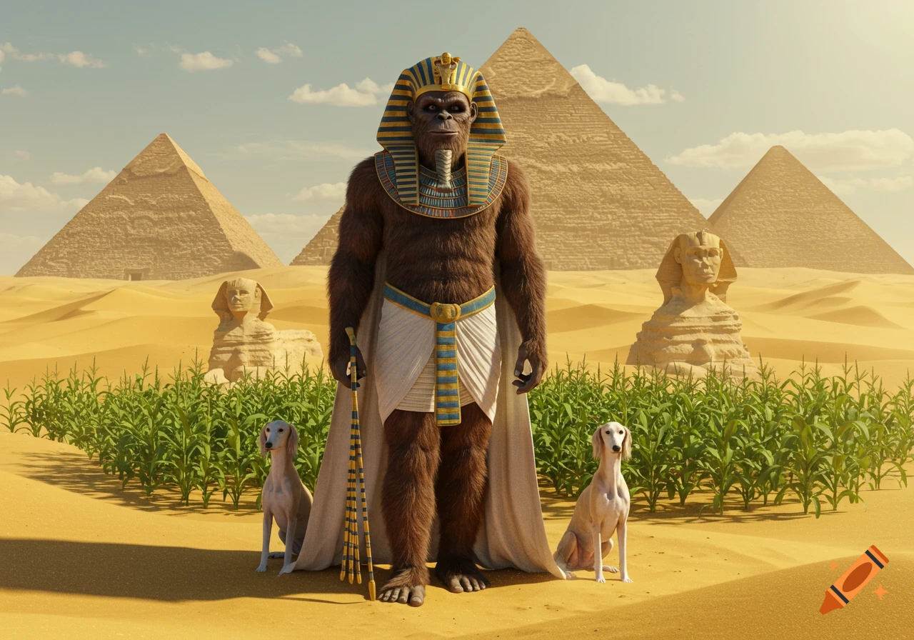 A photorealistic Sasquatch pharaoh with two Saluki dogs stands in a cornfield, with pyramids and sphinxes in a desert background.