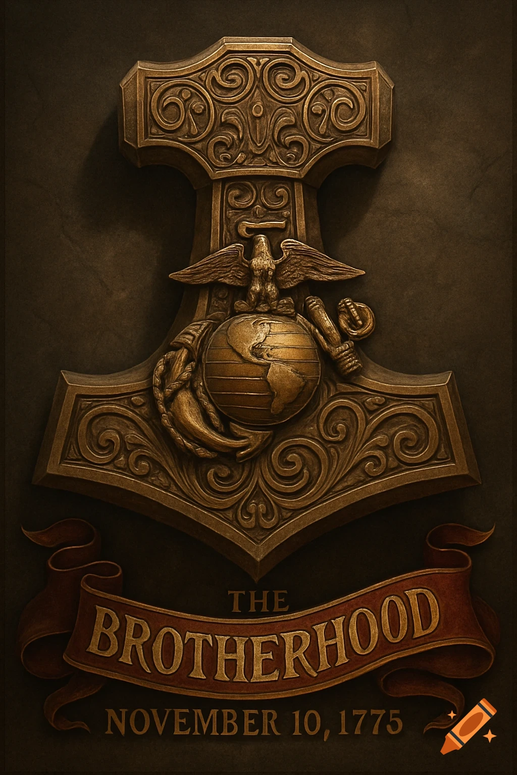 Ornate bronze Thor's Hammer emblem with the Marine Corps EGA, a banner reading "The Brotherhood", and "November 10, 1775".