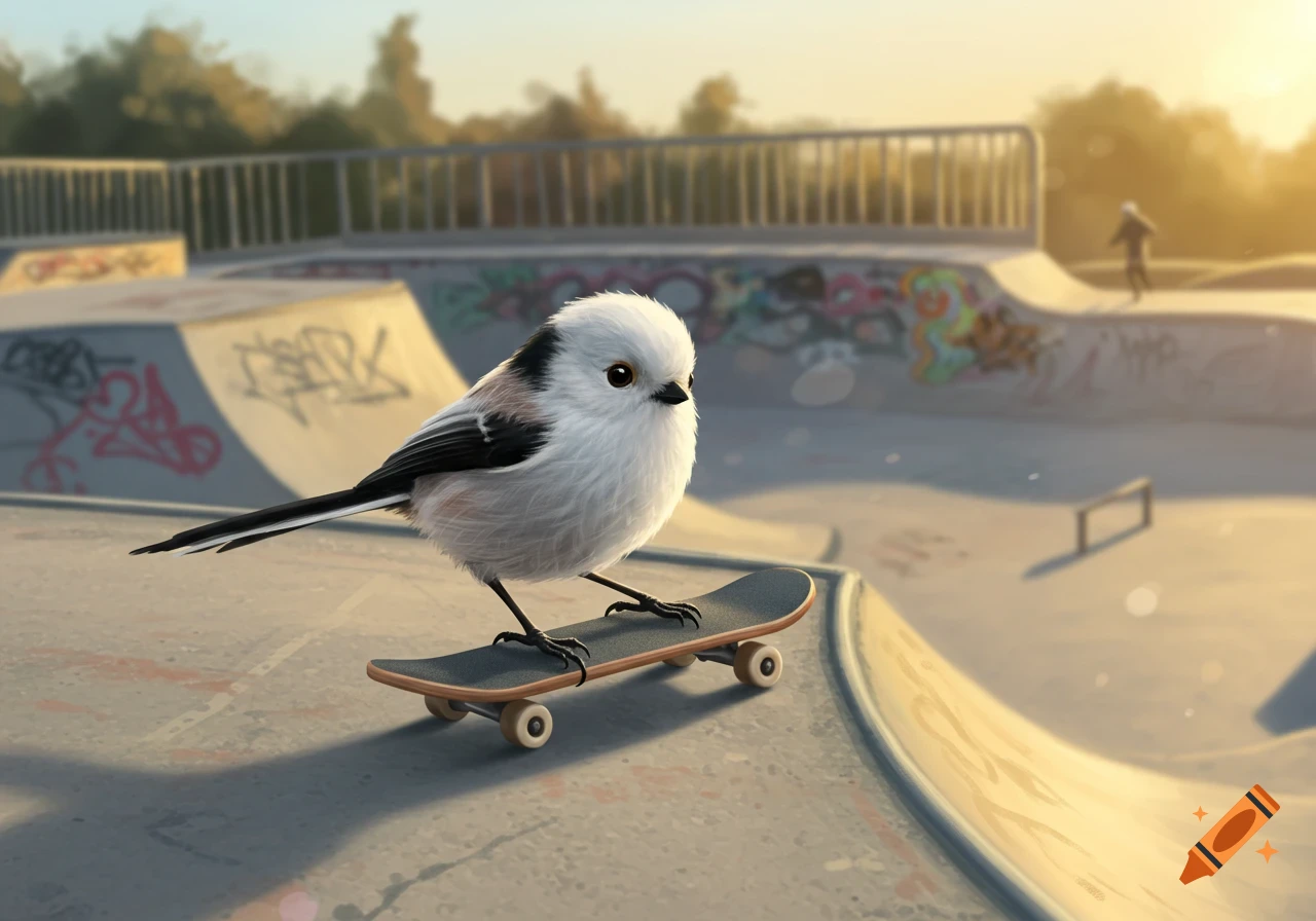 A fluffy white shimaenaga bird stands on a skateboard in a sunny skatepark with graffiti-covered ramps.