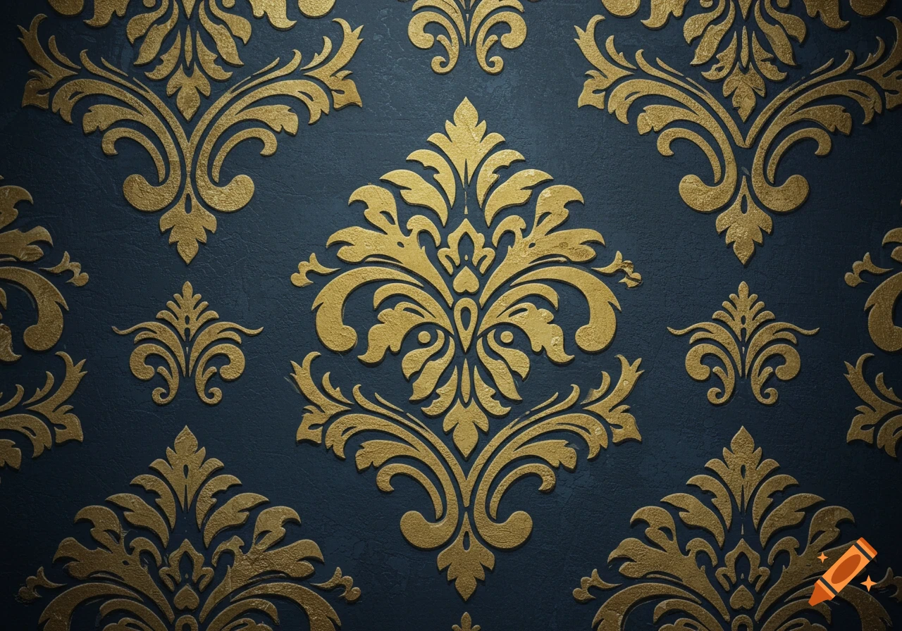 Repeating gold damask pattern on a dark blue textured background.