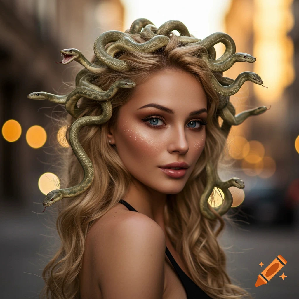 A photorealistic portrait of a blonde woman as Medusa, with blue eyes and snakes in her hair, looking at the viewer. Bokeh city lights in background.
