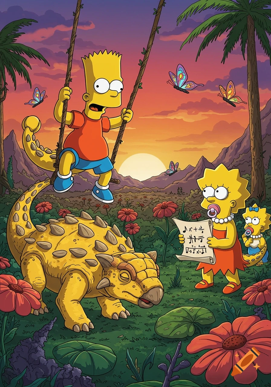 Bart, Lisa, and Maggie Simpson Ankylosaurus hybrids in a colorful jungle with butterflies at sunset, cartoon.