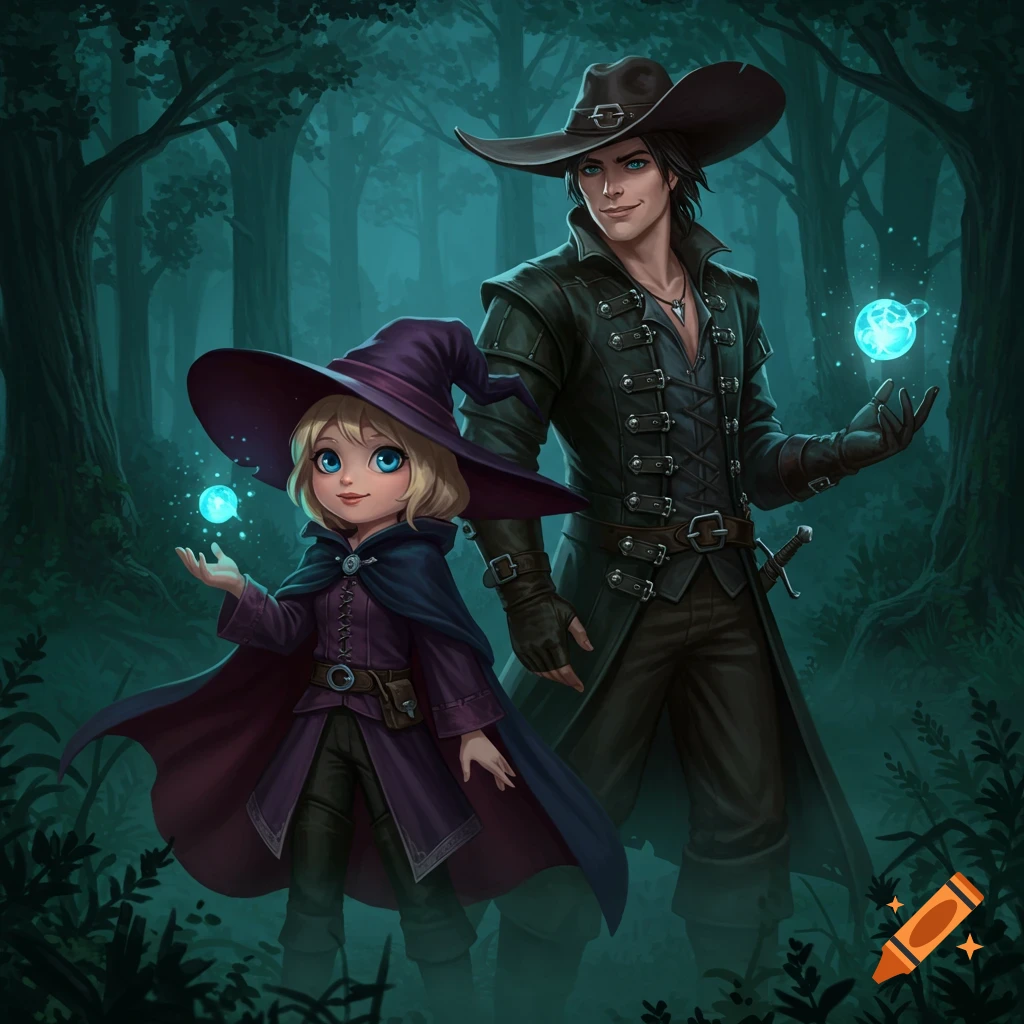 A cute blonde witch and a tall smirking rogue stand in a dark forest, holding glowing blue orbs, in a digital art style.