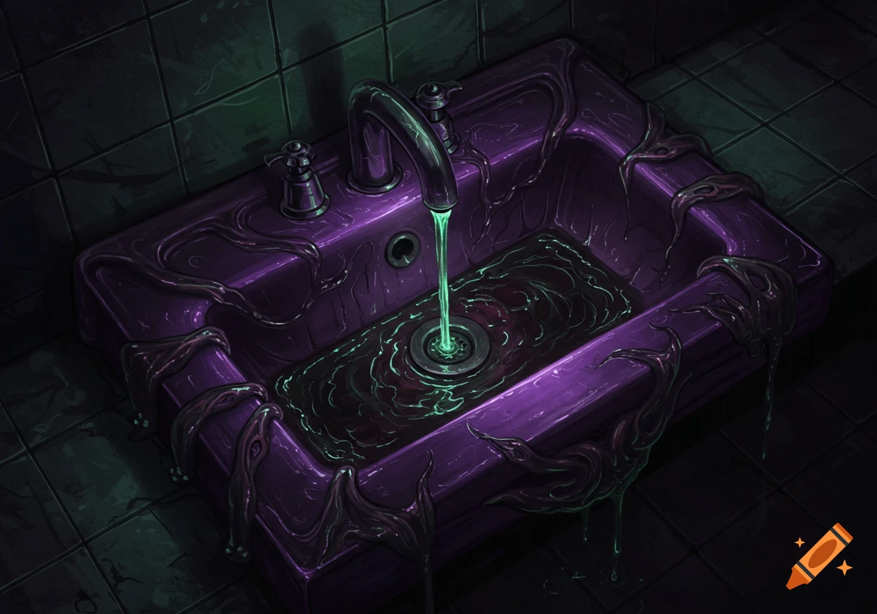 A top-down view of an eerie purple sink with glowing green liquid, dark slime, and tendrils dripping in a dark bathroom.