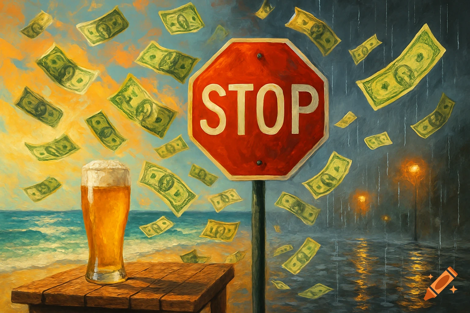 Painterly image of a beer on a table with a stop sign. Money floats in the sky, which is split between a sunny beach and a rainy night street.