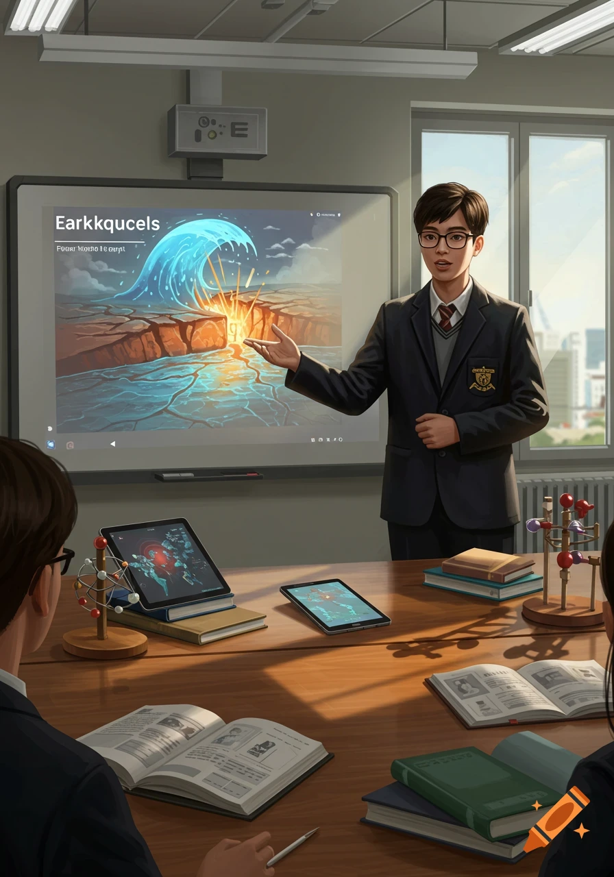 A student in a classroom presents on a digital whiteboard, showing an image of a giant wave and a crack in the earth.