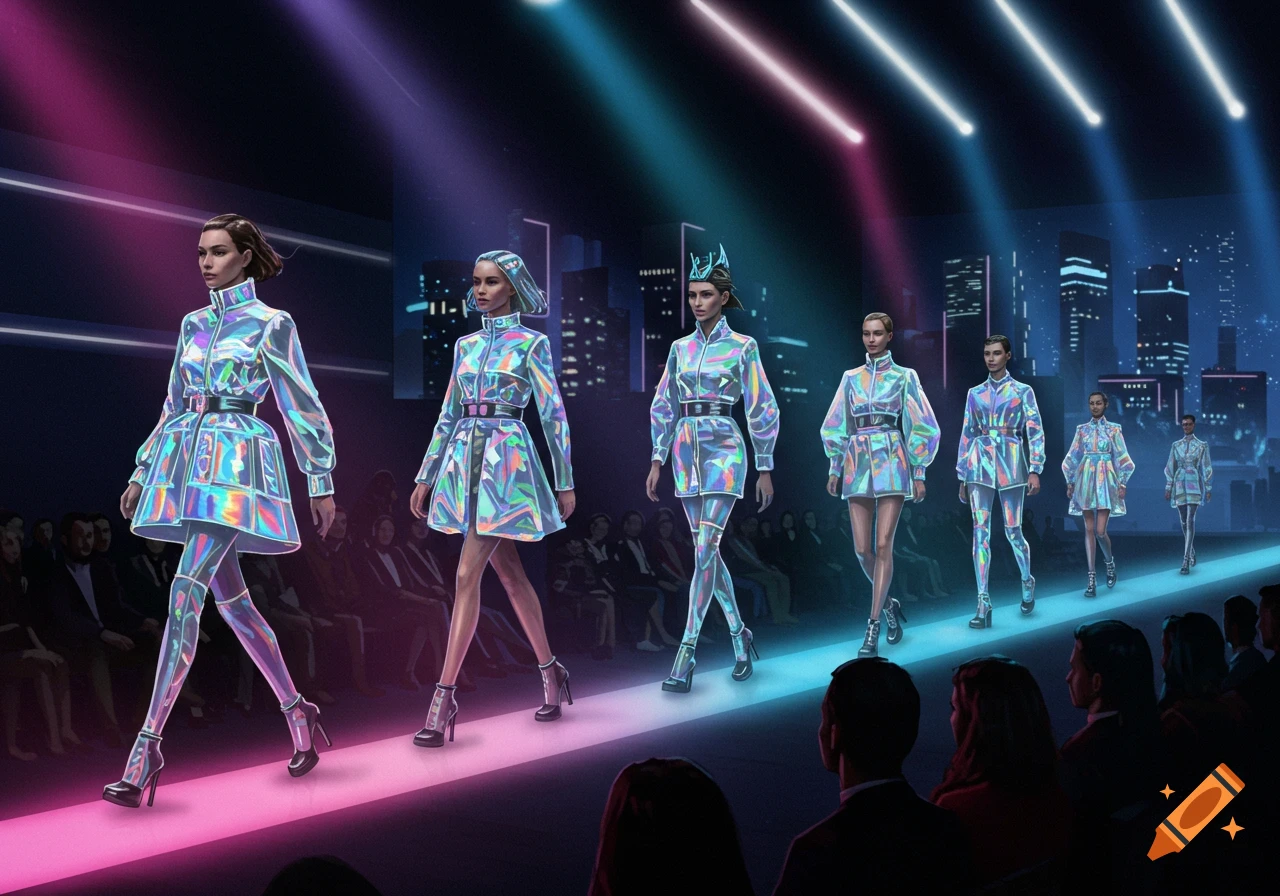 Futuristic fashion show with models in iridescent, holographic outfits walking a neon-lit runway against a city skyline.