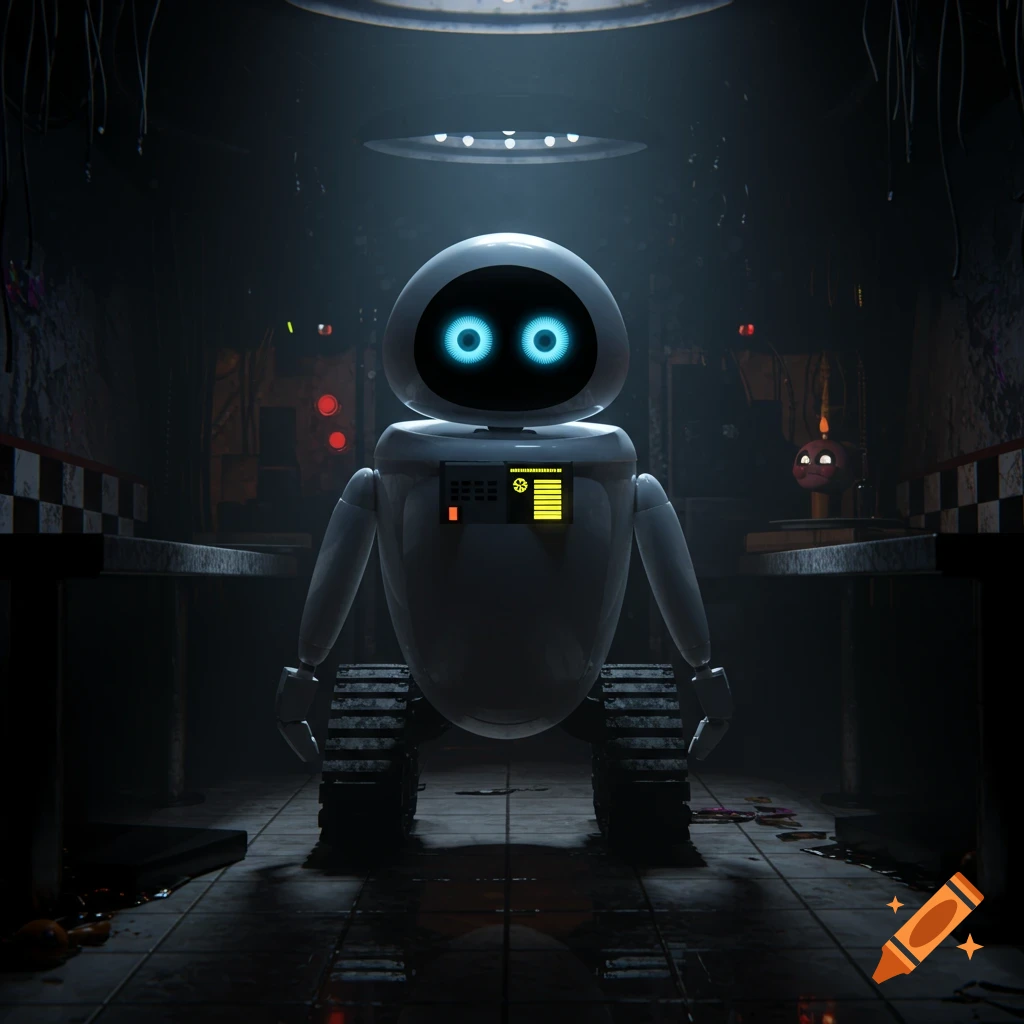 A white, ovular robot with bright blue eyes, resembling EVE from Wall-E, stands in a dark, grimy room with checkered walls, in a FNaF horror style.
