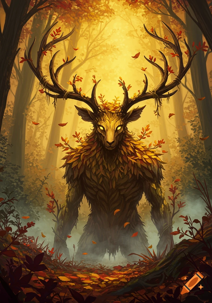 A towering autumn leshy with glowing eyes and leafy antlers stands in a golden, sunlit forest with falling leaves.