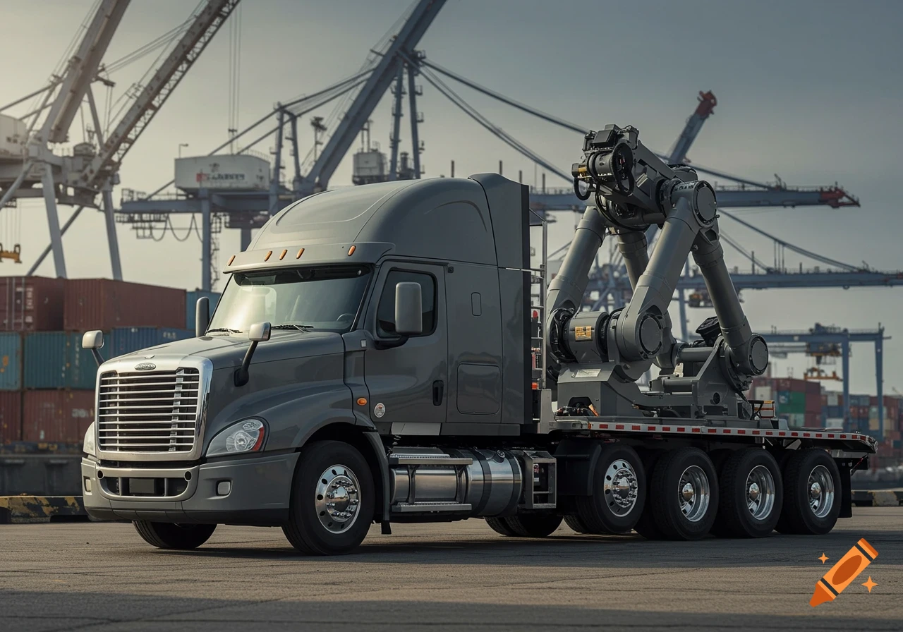 A gray semi-truck with large robotic arms mounted on its flatbed, parked at a busy industrial port with cranes and shipping containers in the background under an overcast sky.