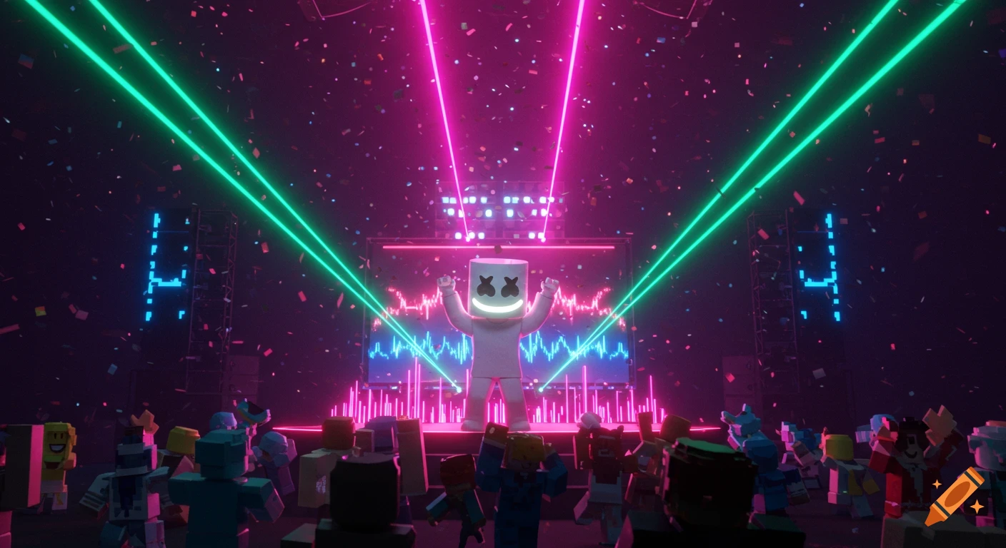 A blocky Marshmello-like character performs on a stage under neon lights and confetti for a crowd of voxel characters.