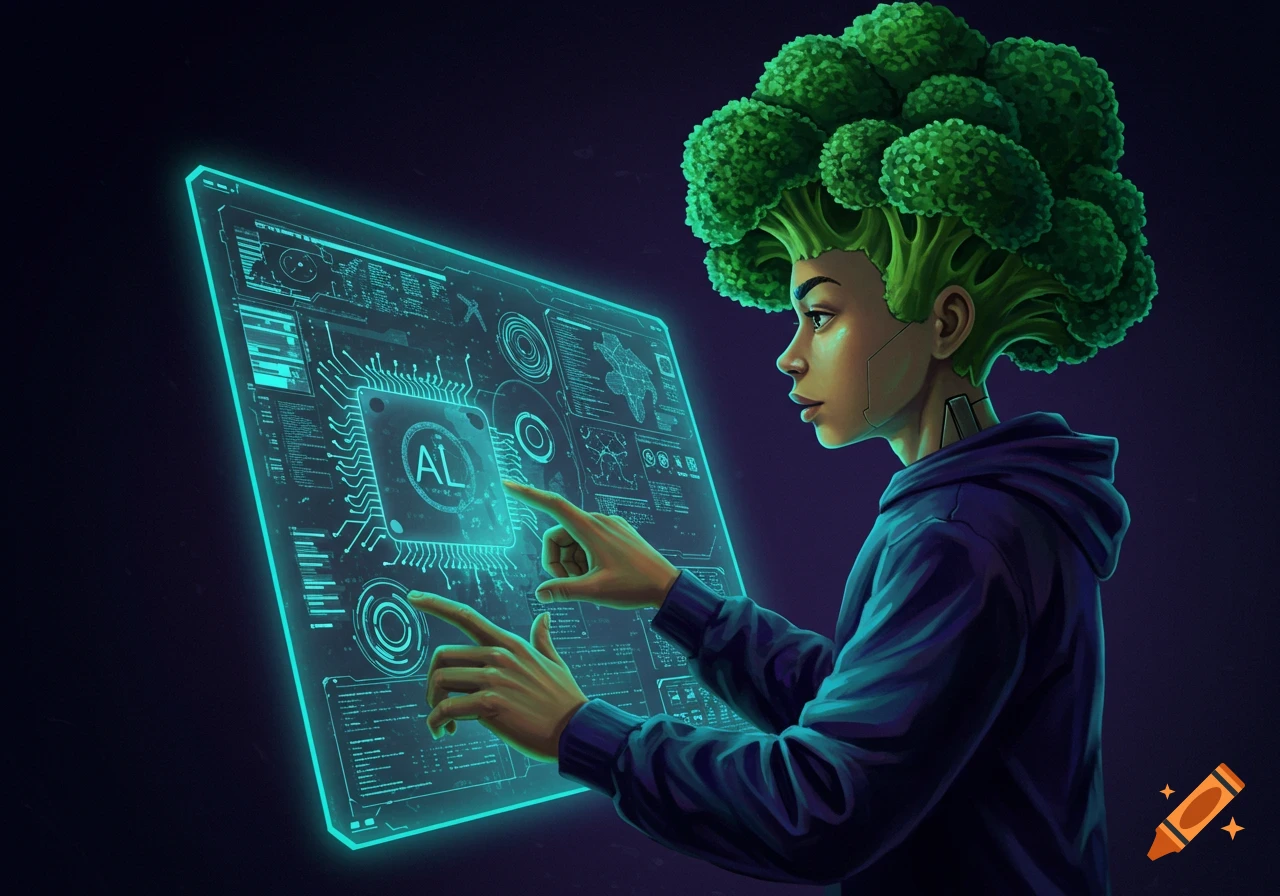 A person with broccoli hair interacts with a glowing holographic AI interface on a dark background, in a stylized, futuristic illustration.
