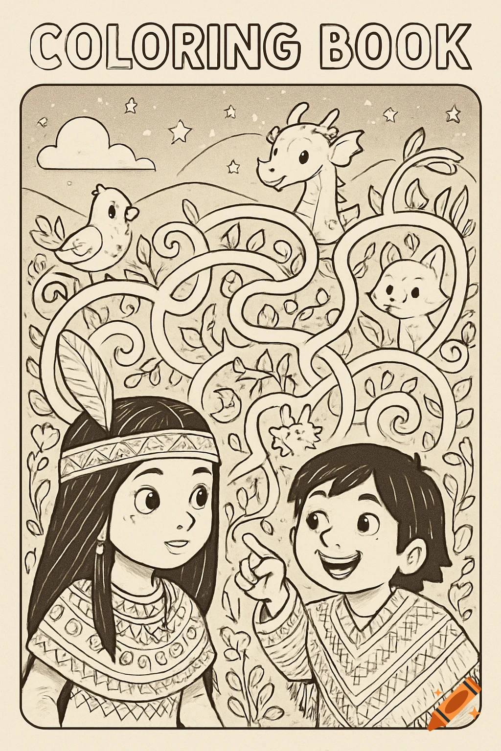 A black and white coloring book page showing a maze with a boy, a girl in native attire, a dragon, a bird, and a fox.