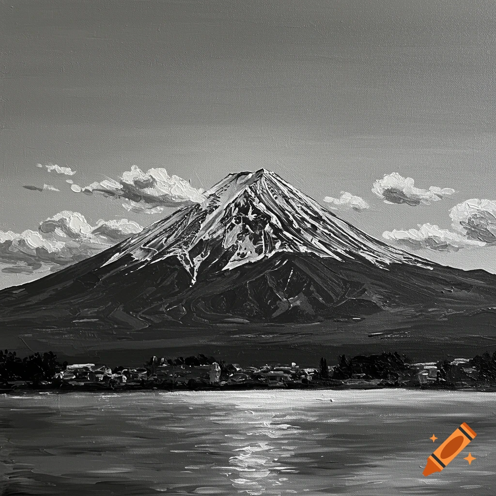 Black and white oil painting of a snow-capped Mount Fuji towering over a lakeside town with clouds and reflections.
