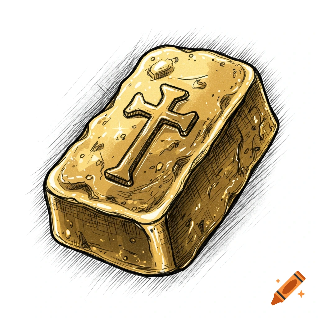 An illustrative golden nugget with a cross embossed on top, shaded with black line art.