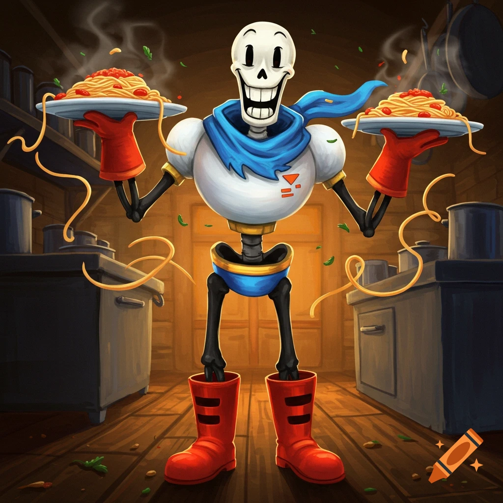 Papyrus, a smiling skeleton character, stands in a kitchen holding two steaming plates of spaghetti. Cartoon style.