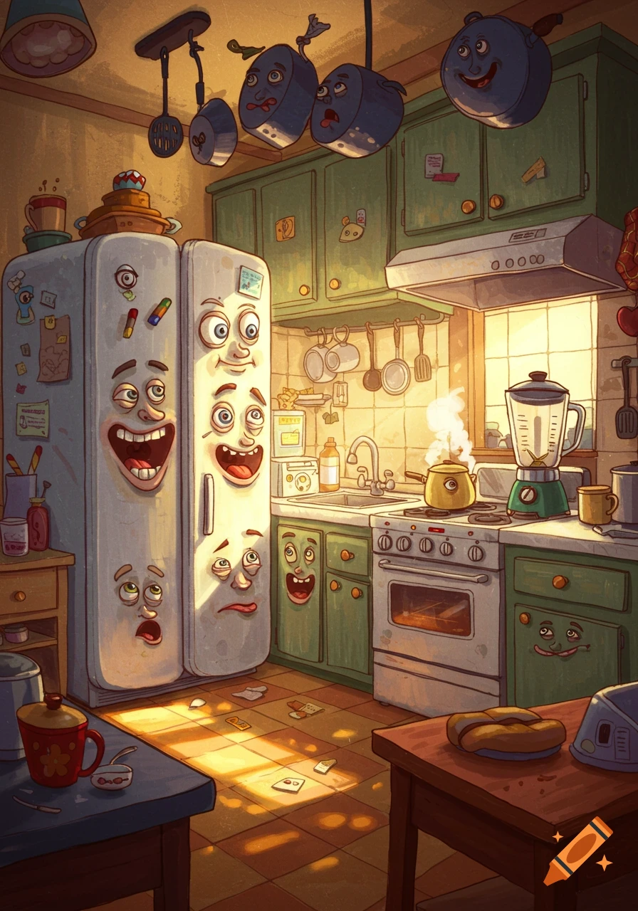 Cartoon kitchen with anthropomorphic appliances and pots, featuring refrigerators, cabinets, and pots with goofy, expressive faces.