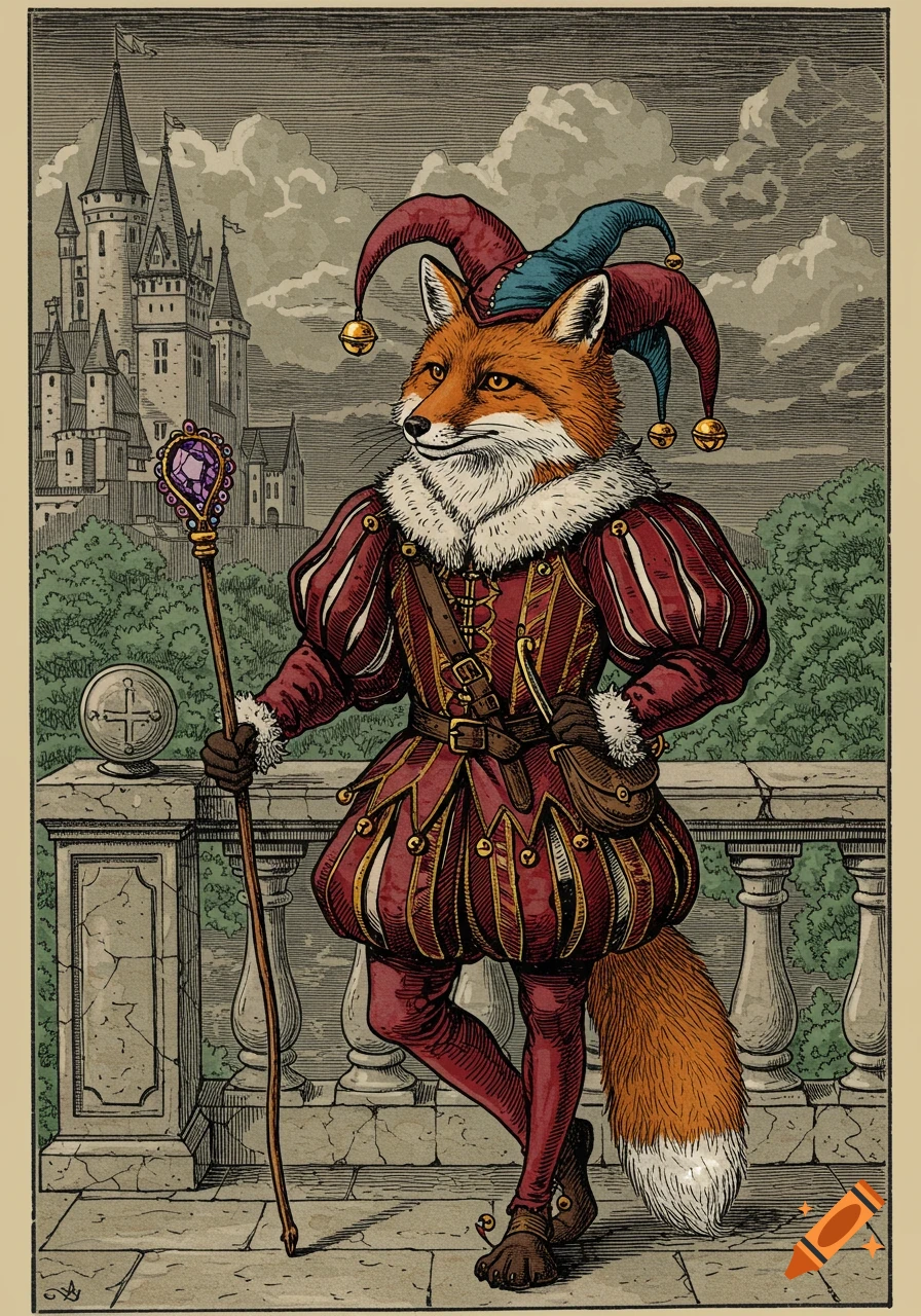 An anthropomorphic fox jester with a scepter stands on a balustrade, a castle in the background, in an engraving style.