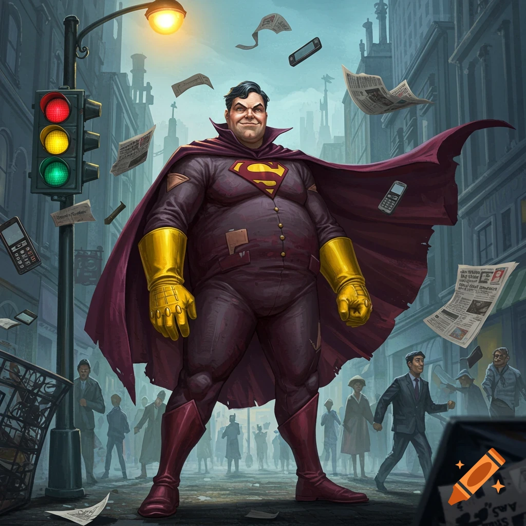 An overweight man in a red and gold superhero costume stands in a busy, stylized city street with newspapers and cell phones flying around.