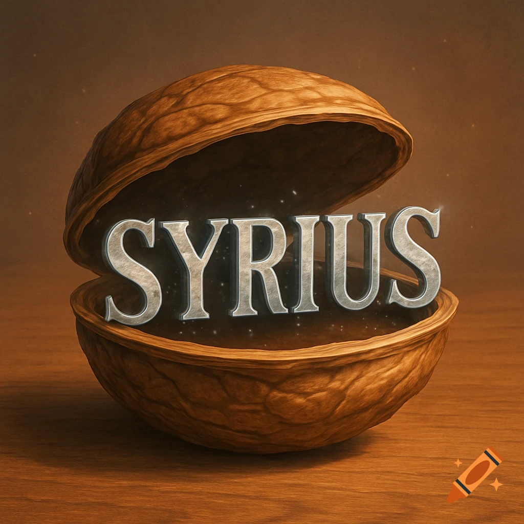 The word SYRIUS in metallic letters glows inside an open walnut on a wooden surface.