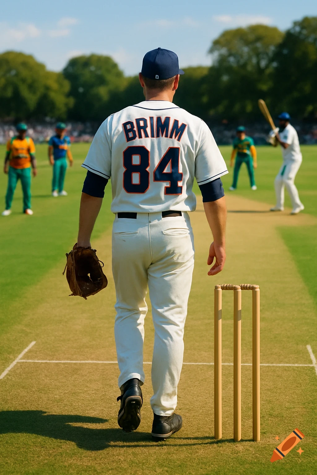 A baseball player in a white uniform with "BRIMM 84" on the back walks onto a cricket pitch, holding a mitt. Other cricket players are in the background.