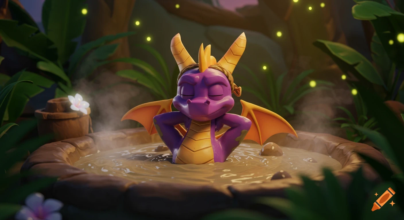 Purple dragon Spyro happily relaxing chest deep in a steaming mud hot tub amidst lush jungle foliage, 3D animation.